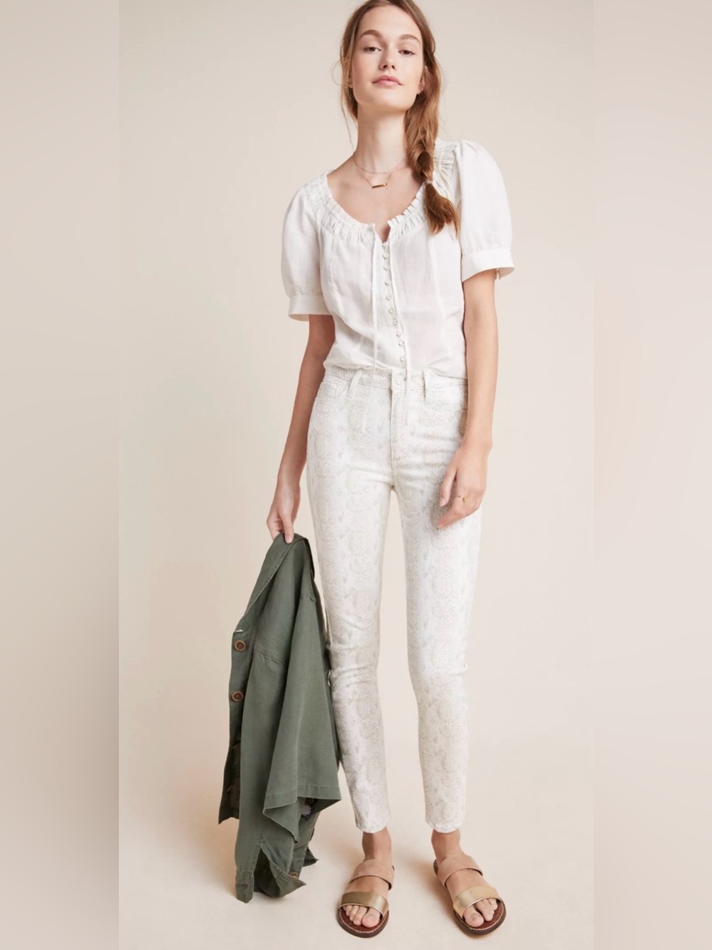 PAIGE Hoxton Skinny Jeans featuring a light grey and ivory snakeskin pattern